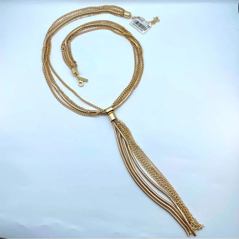 INC Gold Tone Multi-Strand Chain Tassel Necklace NWT 31” Long